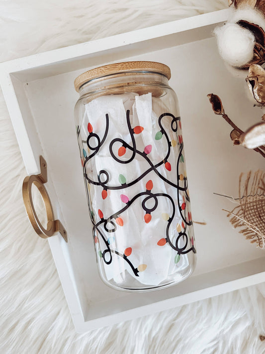 Holiday Lights Glass Can with Bamboo Lid (16 oz)