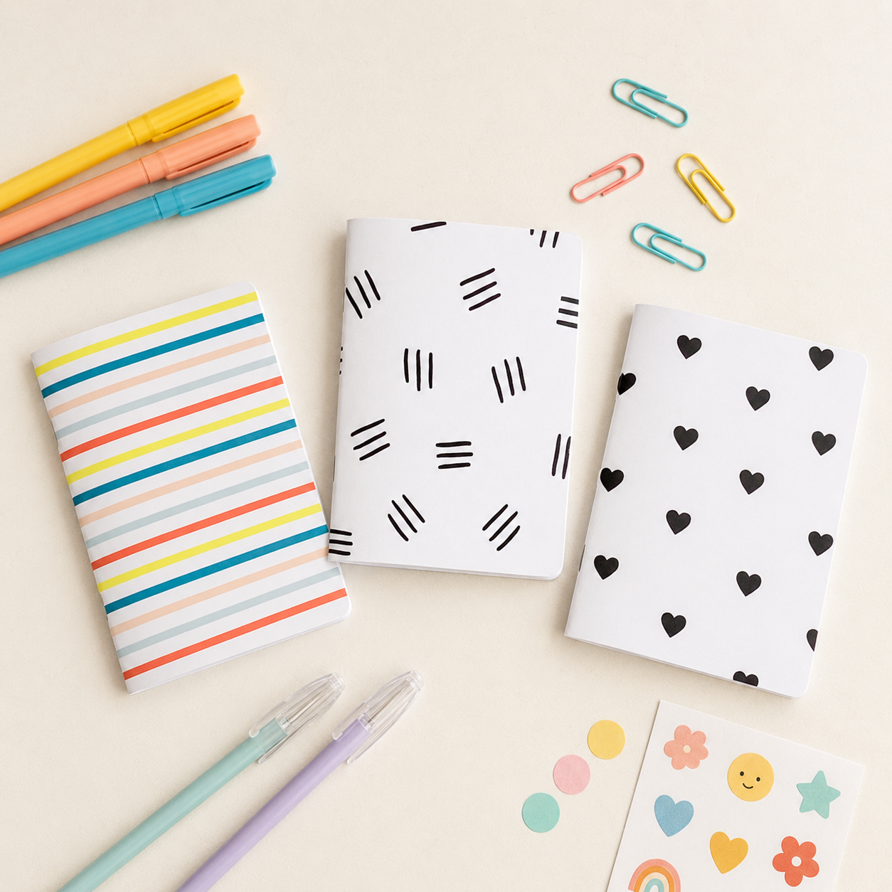 Three pocket journal options: Colorful Stripes, Black Lines, and Black Hearts, styled with pens, markers, paper clips, and stickers