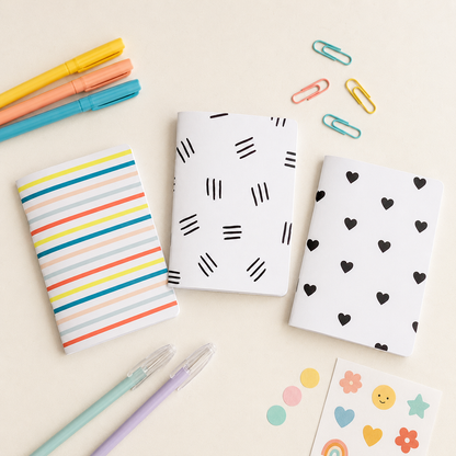 Three pocket journal options: Colorful Stripes, Black Lines, and Black Hearts, styled with pens, markers, paper clips, and stickers