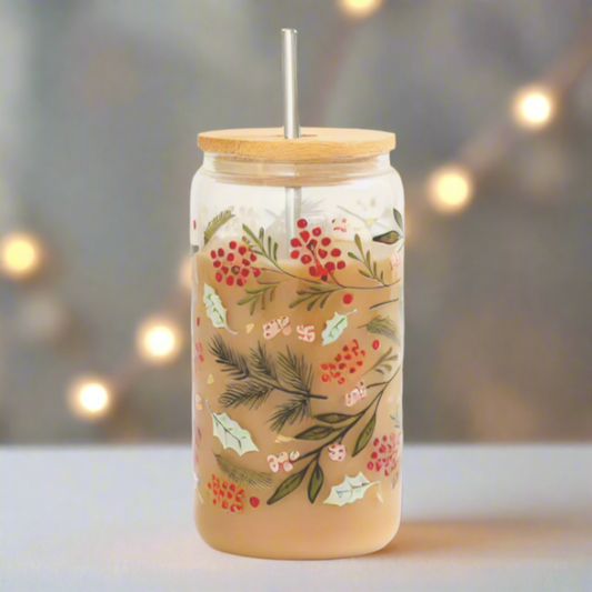 Winter Berries Glass Can with Bamboo Lid (16 oz)